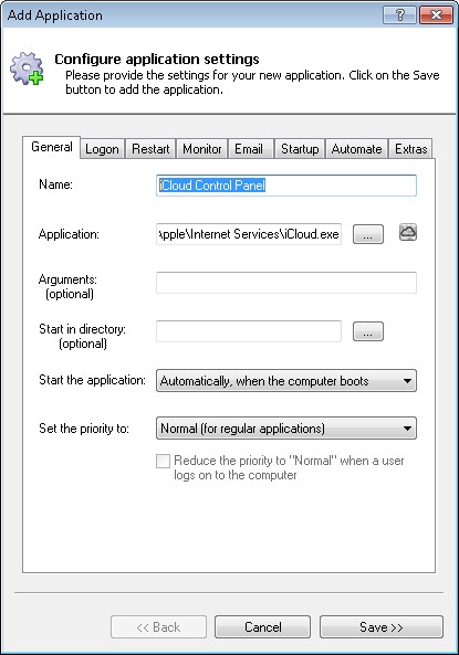 iCloud Control Panel Windows Service: General Tab