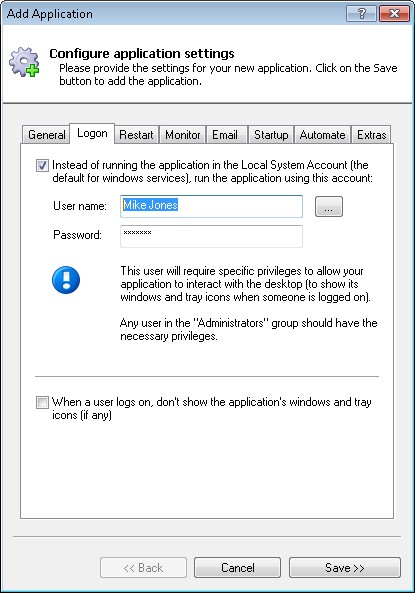 iCloud Control Panel Windows Service: LogOn Tab