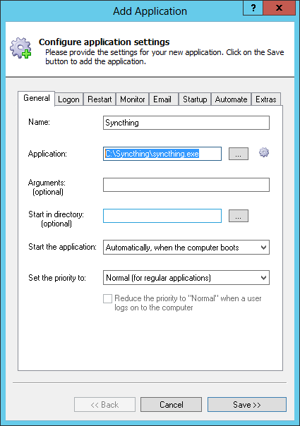Install Syncthing Windows Service: General Tab