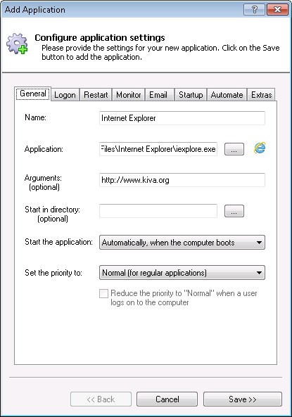 Internet Explorer Windows Service: General Tab