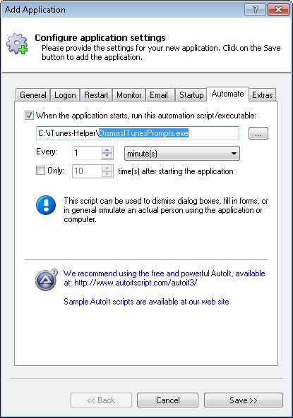 iTunes Windows Service: Automate Tab