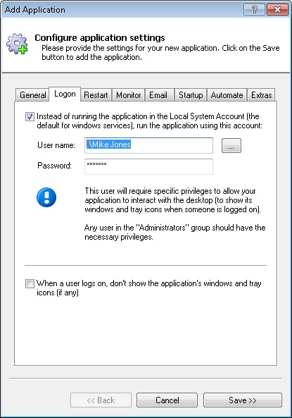 iTunes Windows Service: Logon Tab