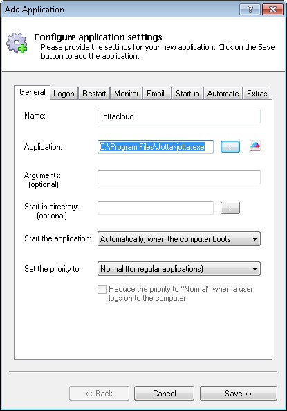 Jottacloud Windows Service: General Tab