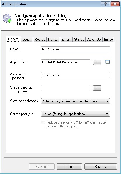 MAPI Application Windows Service: General Tab