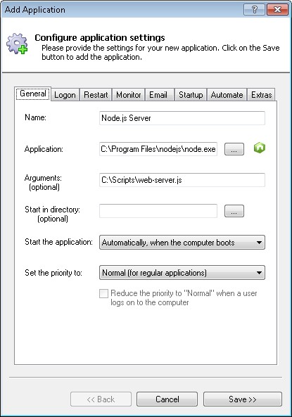 Node.js Windows Service: General Tab