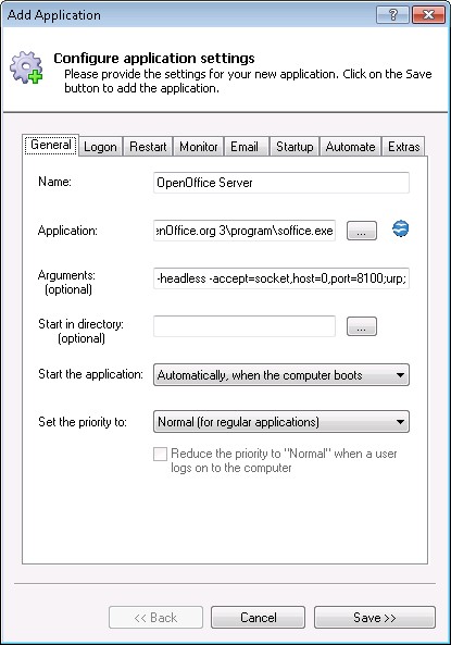 OpenOffice Windows Service: General Tab
