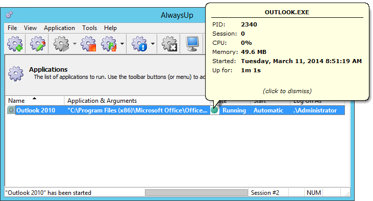 Outlook 2010 running as a Service with AlwaysUp
