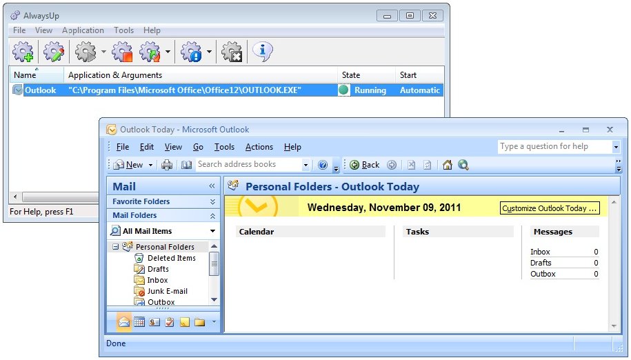 Outlook 2007 running as a Service with AlwaysUp