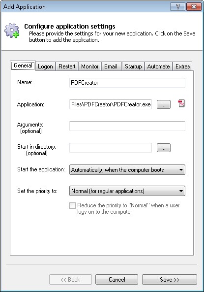 PDFCreator Windows Service: General Tab