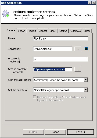 Play Framework Application Windows Service: General Tab