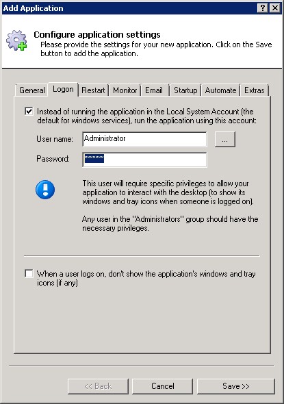Play Framework Application Windows Service: LogOn Tab