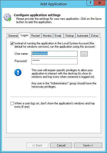 PuTTY Windows Service: Logon Tab