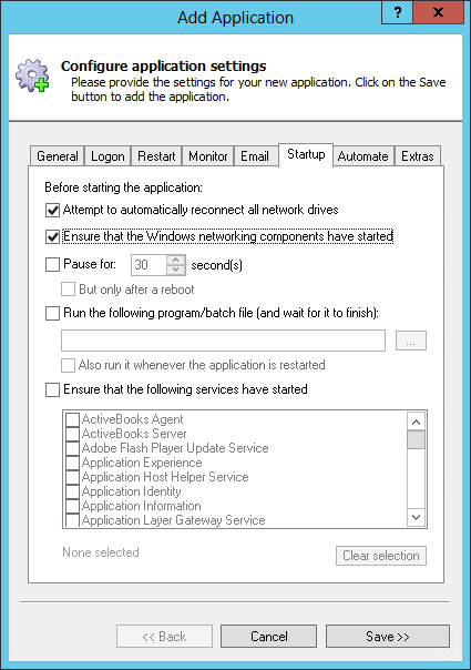 pyLoad Windows Service: Startup Tab
