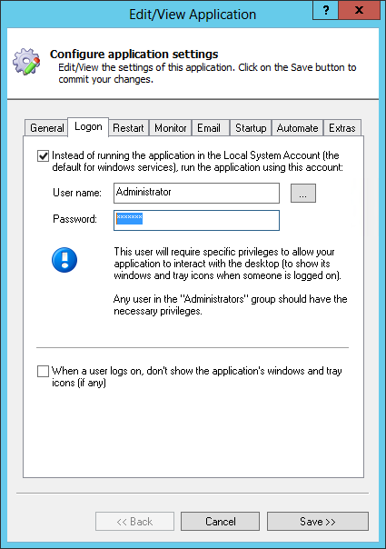 RealtimeSync Windows Service: Logon Tab