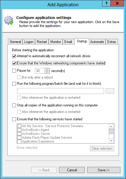 RealtimeSync Windows Service: Startup Tab