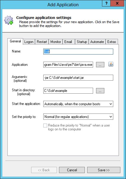 Solr Windows Service: General Tab