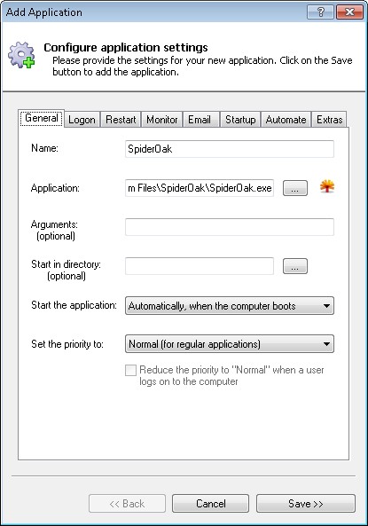 SpiderOak Windows Service: General Tab