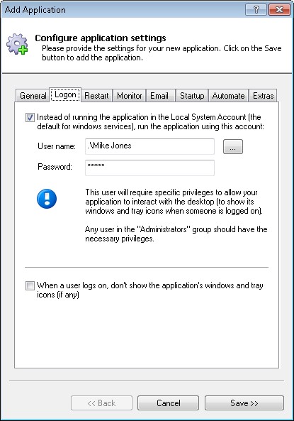 SpiderOak Windows Service: LogOn Tab