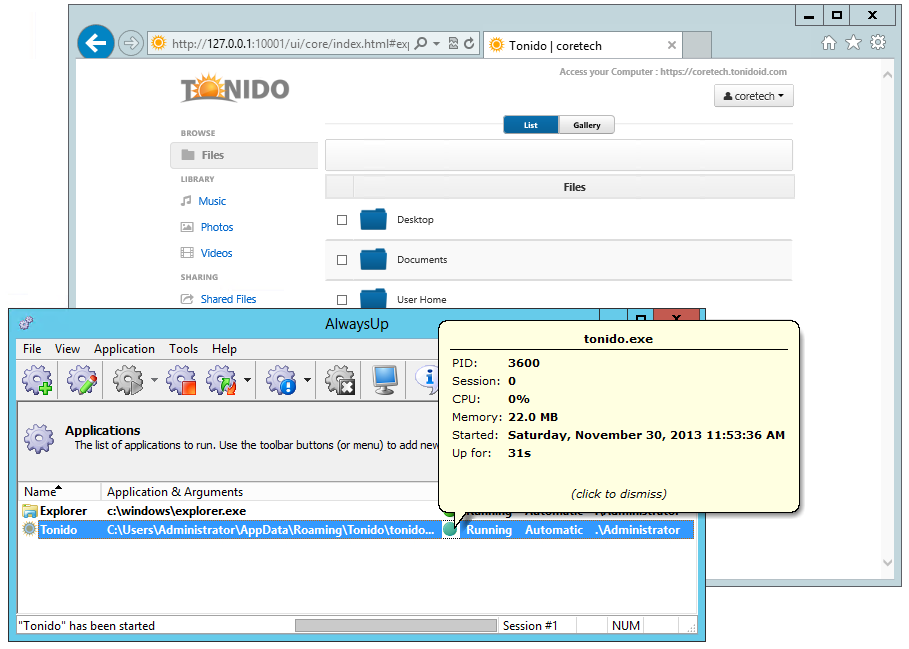 Tonido running as a Service with AlwaysUp