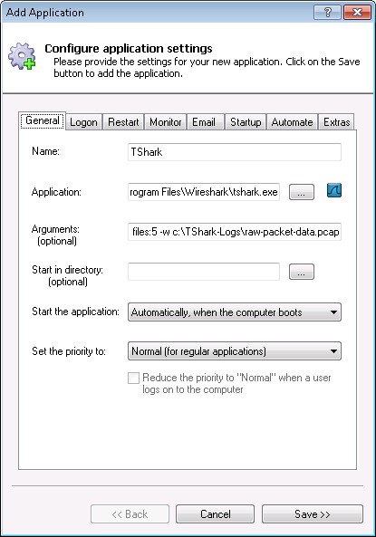 TShark Windows Service: General Tab