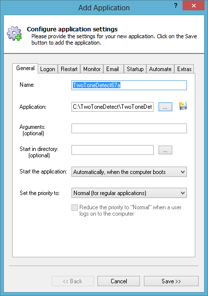 TwoToneDetect Windows Service: General Tab