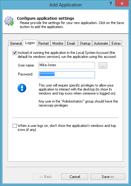 TwoToneDetect Windows Service: Logon Tab