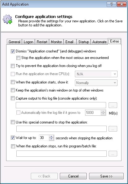 VMware Player Windows Service: Extras Tab