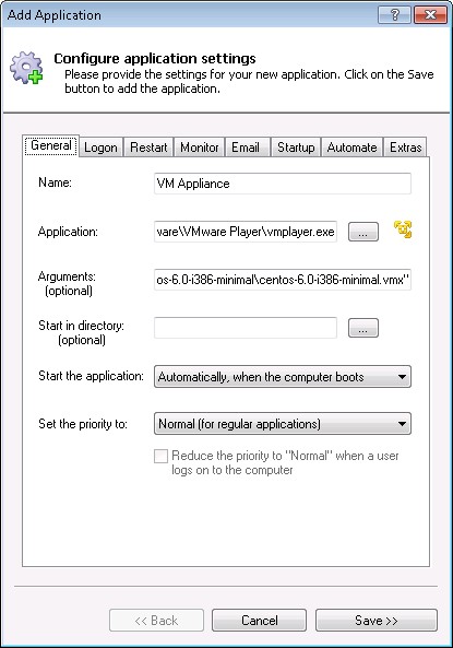 VMware Player Windows Service: General Tab