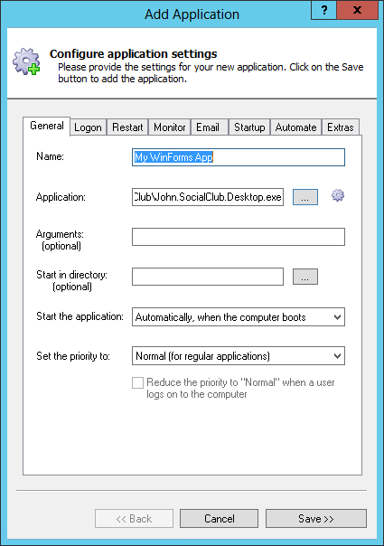 WinForms Windows Service: General Tab