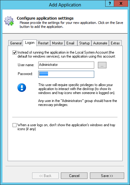 WinForms Windows Service: LogOn Tab