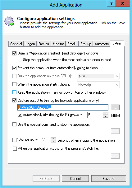 WinSCP Windows Service: Extras Tab