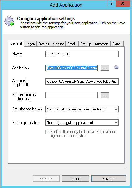 WinSCP Windows Service: General Tab