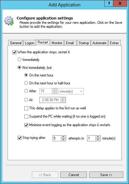 WinSCP Windows Service: Restart Tab