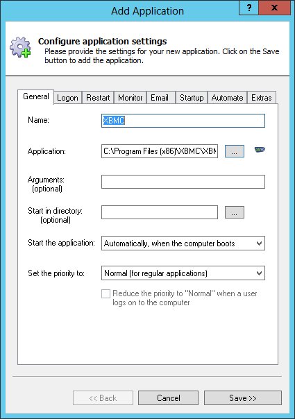 XBMC Windows Service: General Tab