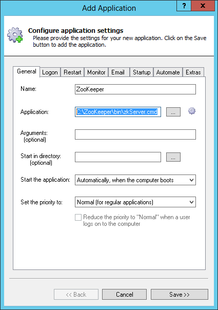 ZooKeeper Windows Service: General Tab