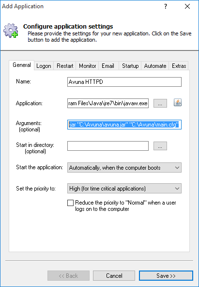 Avuna HTTPD Windows Service: General Tab