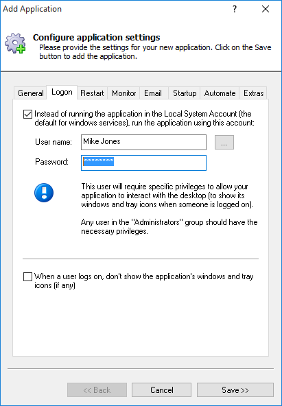 Avuna HTTPD Windows Service: Logon Tab