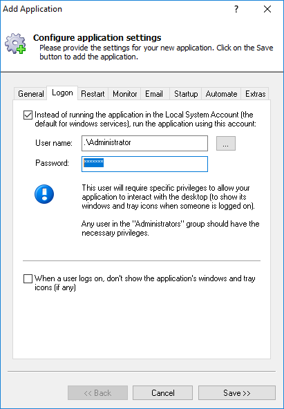 Backup and Sync Windows Service: Logon Tab