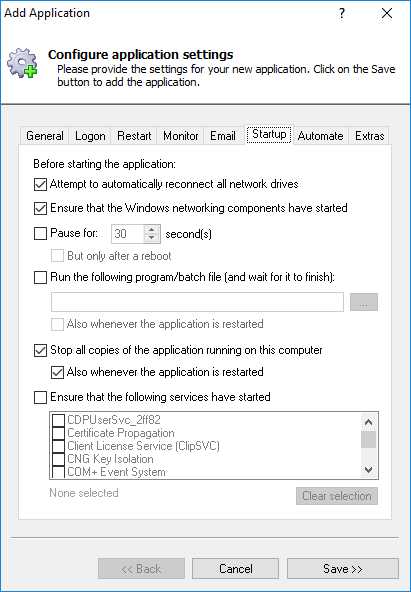 Backup and Sync Windows Service: Startup Tab