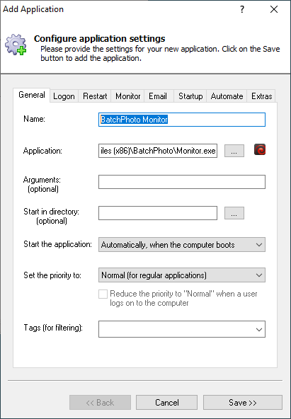 BatchPhoto Monitor Windows Service: General Tab