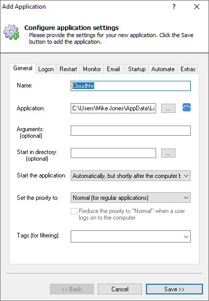 CloudMe Windows Service: General Tab