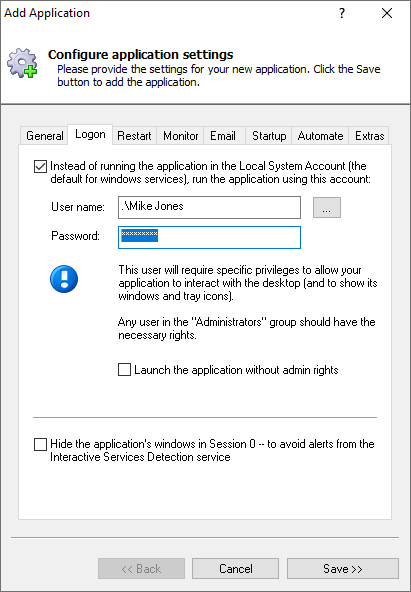 CloudMe Windows Service: Logon Tab