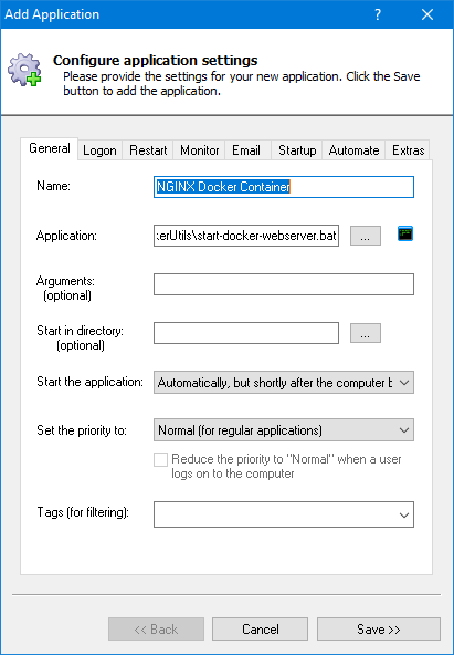 Docker Container Windows Service: General Tab