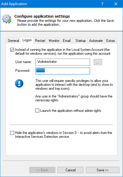 Docker Container Windows Service: Logon Tab