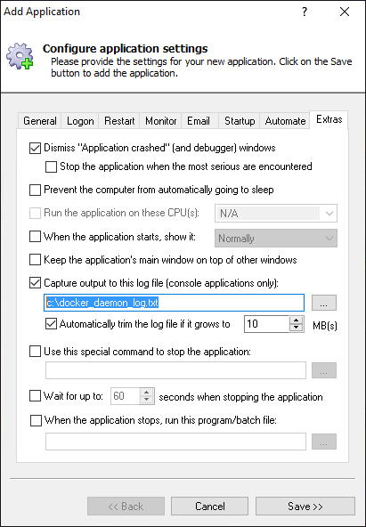 Docker Daemon Windows Service: Extras Tab