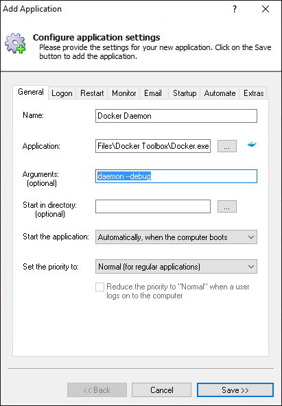 Docker Daemon Windows Service: General Tab