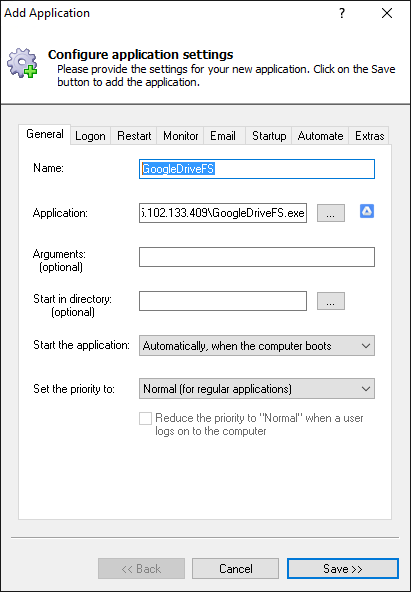 Drive File Stream Windows Service: General Tab