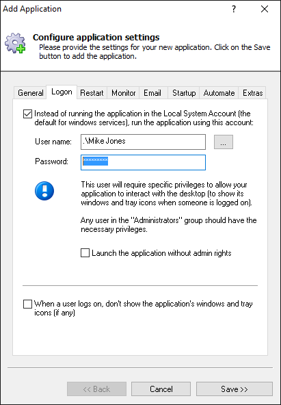 Drive File Stream Windows Service: Logon Tab