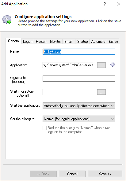 Emby Server Windows Service: General Tab