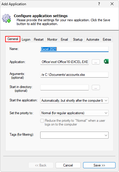 Excel 2021 Windows Service: General Tab